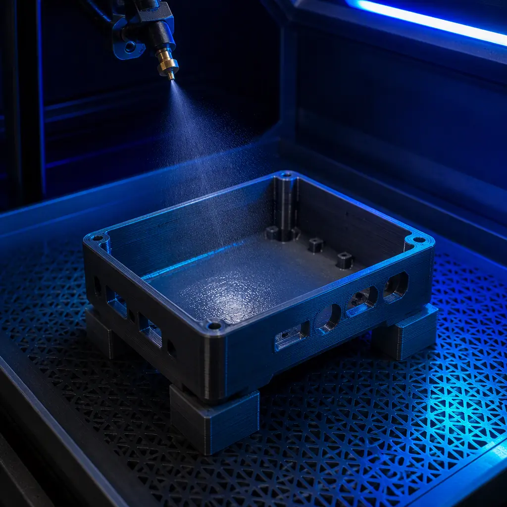 A 3D printed electronics enclosure being given a thin conformal coating in an open benchtop finish station, fine-mist application, dark studio bench, precise engineered-material surface, deep navy ambient with electric blue accent, no text, no logos
