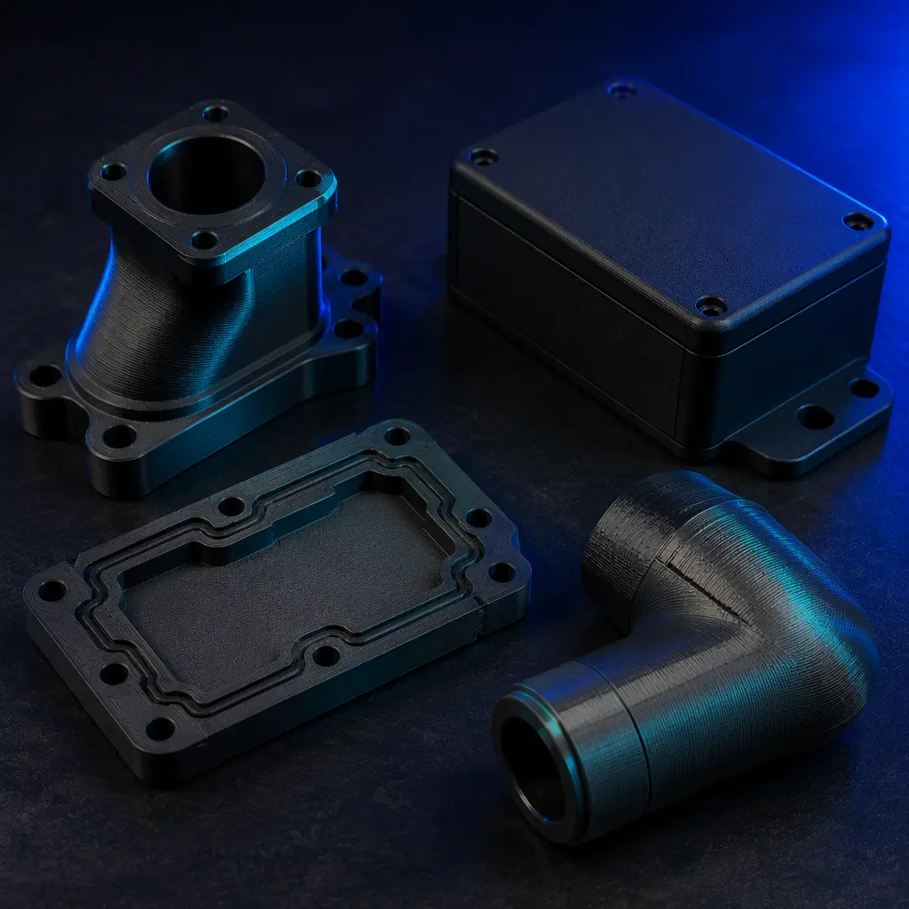 Array of finished 3D printed parts on a dark bench: bonded two-piece assembly, sealed gasket part, coated electronics enclosure, and a vapor-smoothed joint, matte black polymer with teal rim light, deep navy ambient, no text, no logos