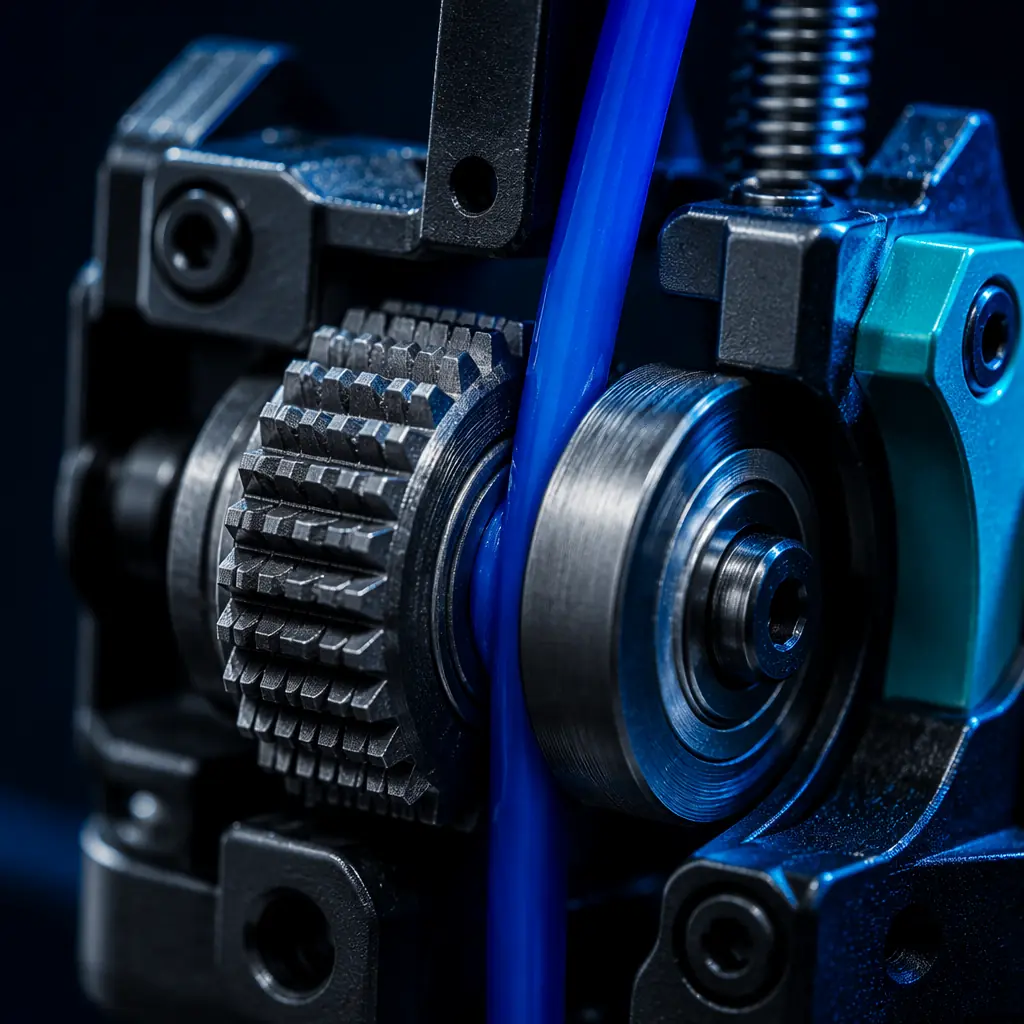 Close-up macro 3D printer hotend with digital calipers measuring filament diameter, precision engineering workbench, deep navy background with electric blue accent lighting