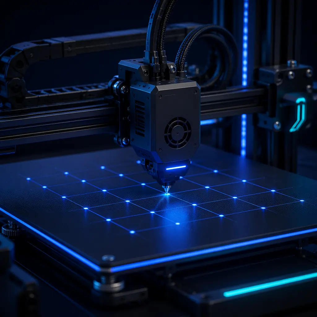 Close-up of 3D printer motherboard with Trinamic TMC driver chips visible, Klipper/advanced firmware context, blue LED indicators, anti-static mat workspace