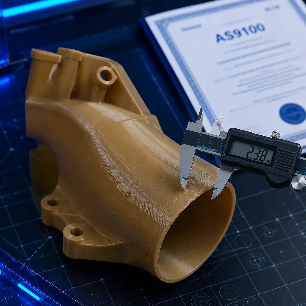 Ultem 9085 3D printed aircraft interior ducting component on engineering workbench, digital calipers and AS9100 certification document visible in background, aerospace manufacturing context