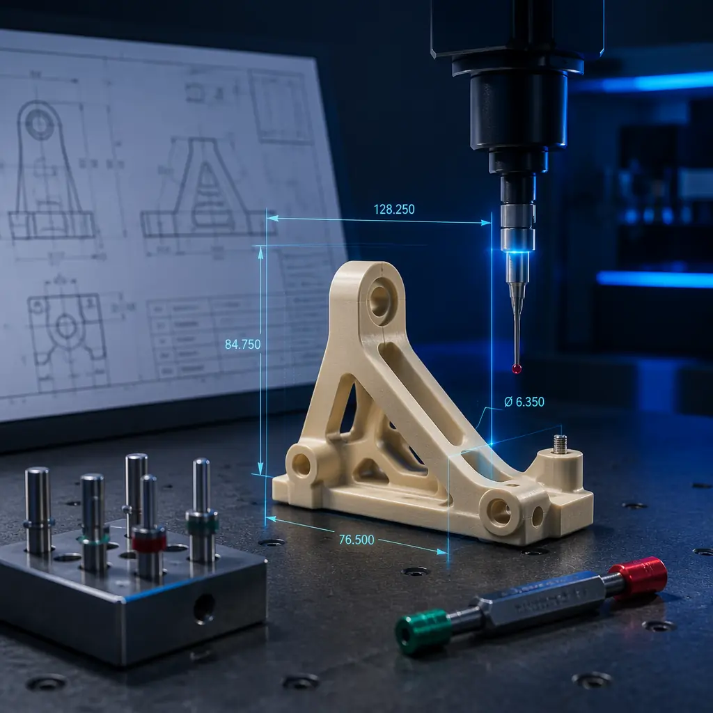 3D printed ULTEM aircraft interior bracket on inspection surface with digital measurement overlay, PASS/FAIL gauge and quality documentation folder in background, aerospace manufacturing lab setting