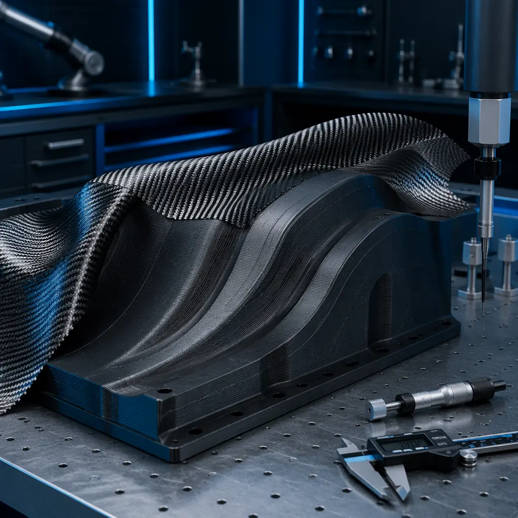 Carbon fiber reinforced 3D printed composite layup tool on engineering work surface, carbon fiber fabric partially draped over tool, precision measurement instruments nearby, aerospace manufacturing environment