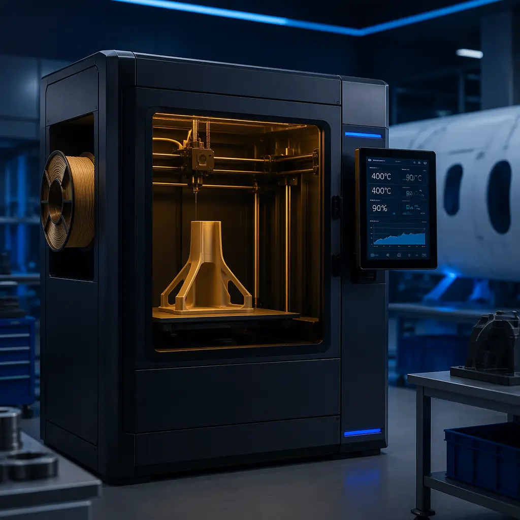 High-temperature industrial 3D printer with enclosed heated chamber in clean engineering environment, ULTEM filament spool loaded, operator console displaying print parameters, aerospace manufacturing facility context
