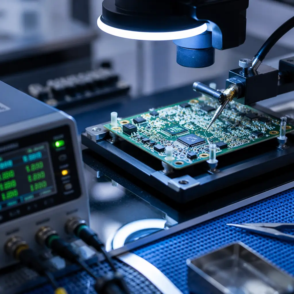 Quality control inspection station with 3D printer undergoing diagnostic testing, technician checking calibration data on screen