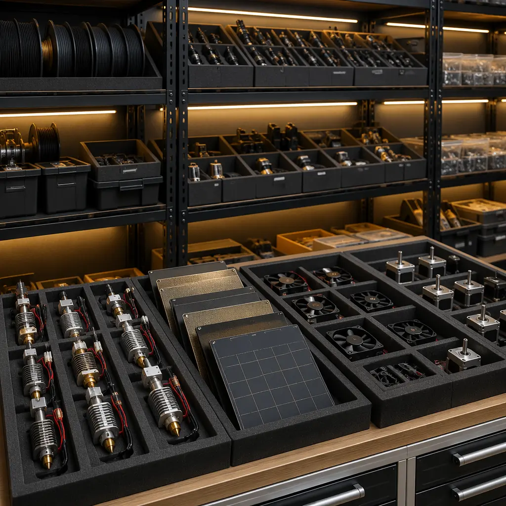 Organized spare parts inventory shelves with labeled 3D printer components including hotend assemblies, build plates, and fan modules