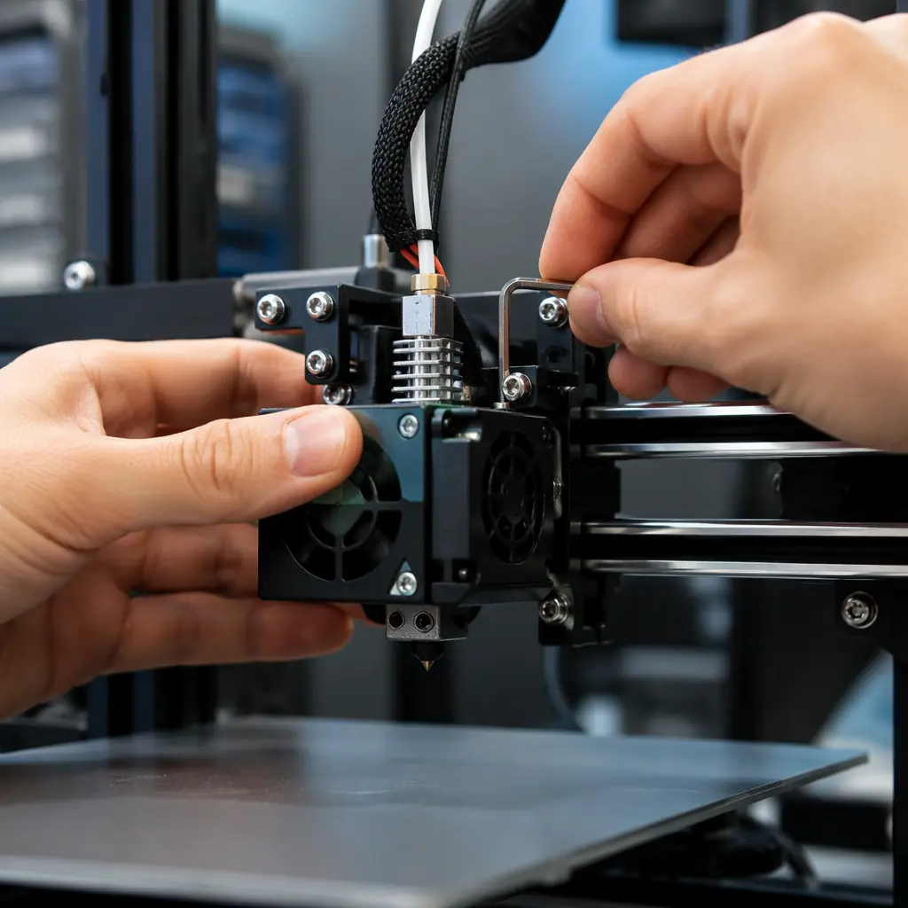 Technician performing precision calibration on a 3D printer extruder assembly in a well-lit service workshop environment