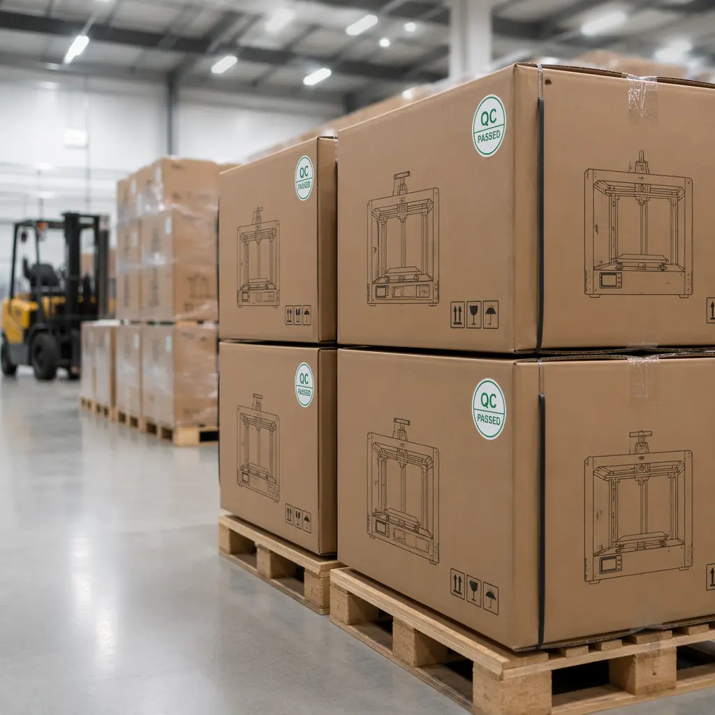 Fully packaged 3D printer boxes on pallets in a clean shipping facility, with labeling and quality check stickers visible