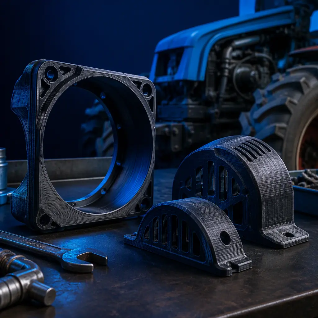 Macro close-up of 3D printed tractor replacement parts, fan shroud and gear guards, on a farm workshop bench with wrenches, photorealistic, no people, no text, no logos