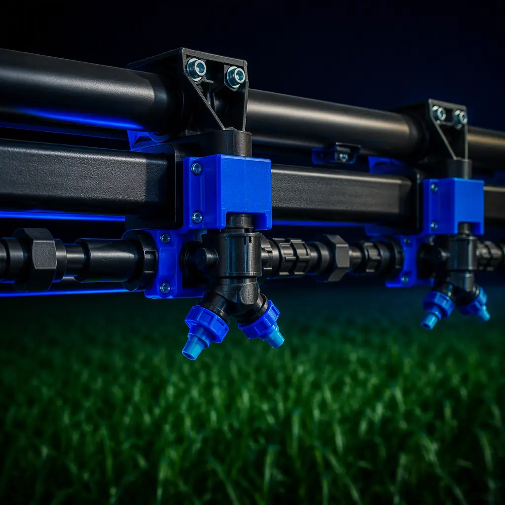 3D printed sprayer nozzle holders and chemical-resistant fittings on a farm sprayer boom, field in background, photorealistic, no people, no text, no logos
