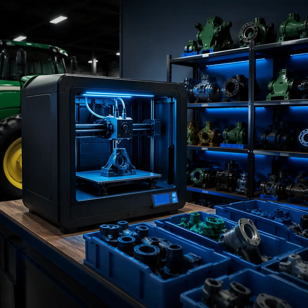 3D printer running in a farm equipment dealer workshop next to bins of printed obsolete replacement parts, tractor cab interior parts on a shelf, photorealistic, no people, no text, no logos