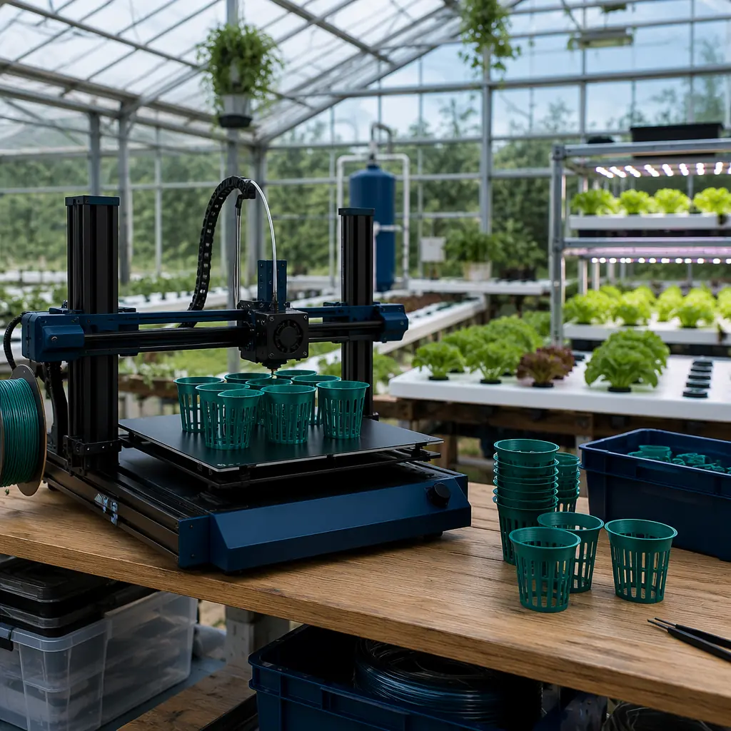 Desktop 3D printer on workbench in greenhouse setting, PETG hydroponic fittings on build plate, plants visible in background through glass, natural light mixed with LED grow lights, agricultural setting