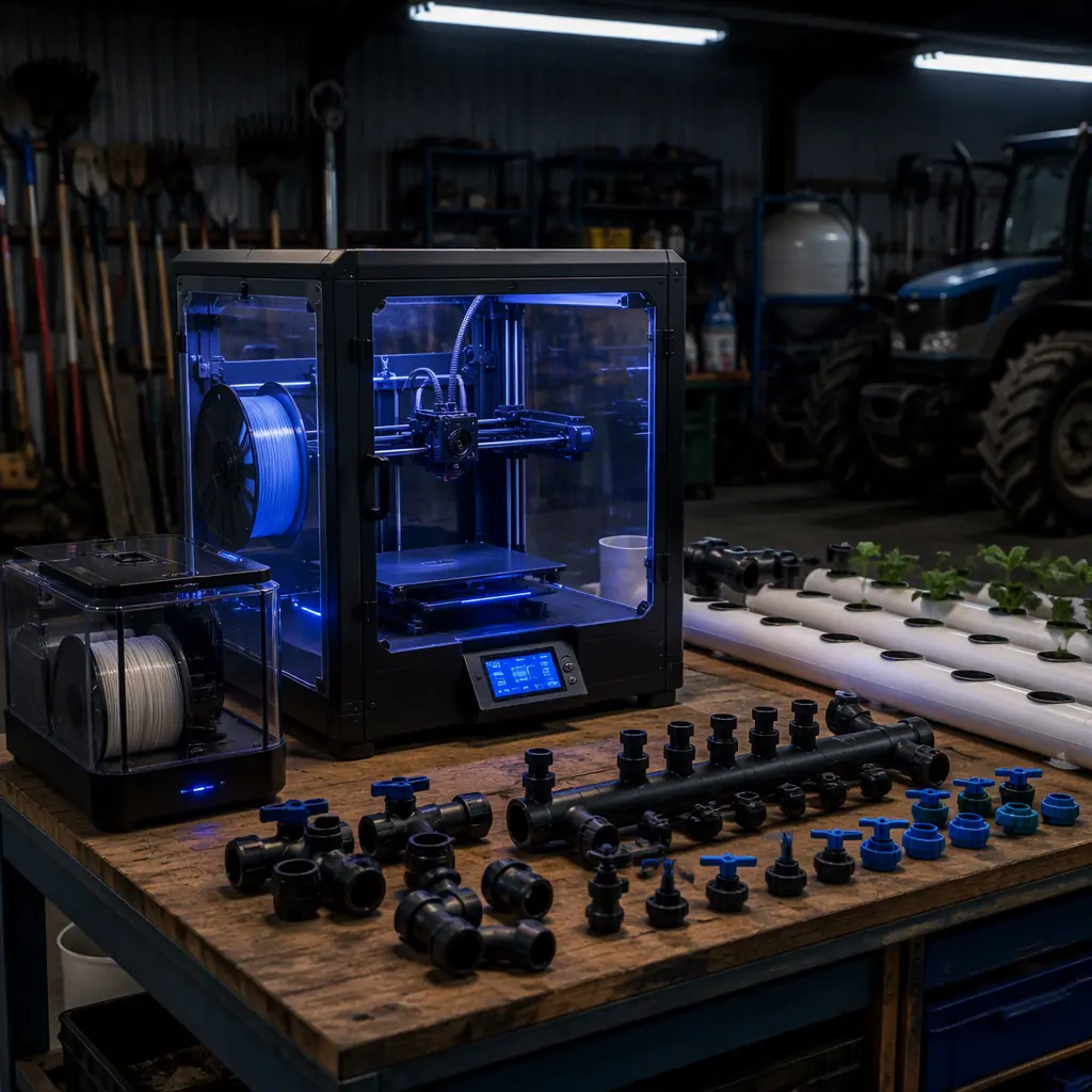 Enclosed 3D printer with filament dry box in agricultural workshop, PETG filament spool visible, printed irrigation parts arrayed on workbench next to hydroponic channels, farm tools in background, industrial lighting