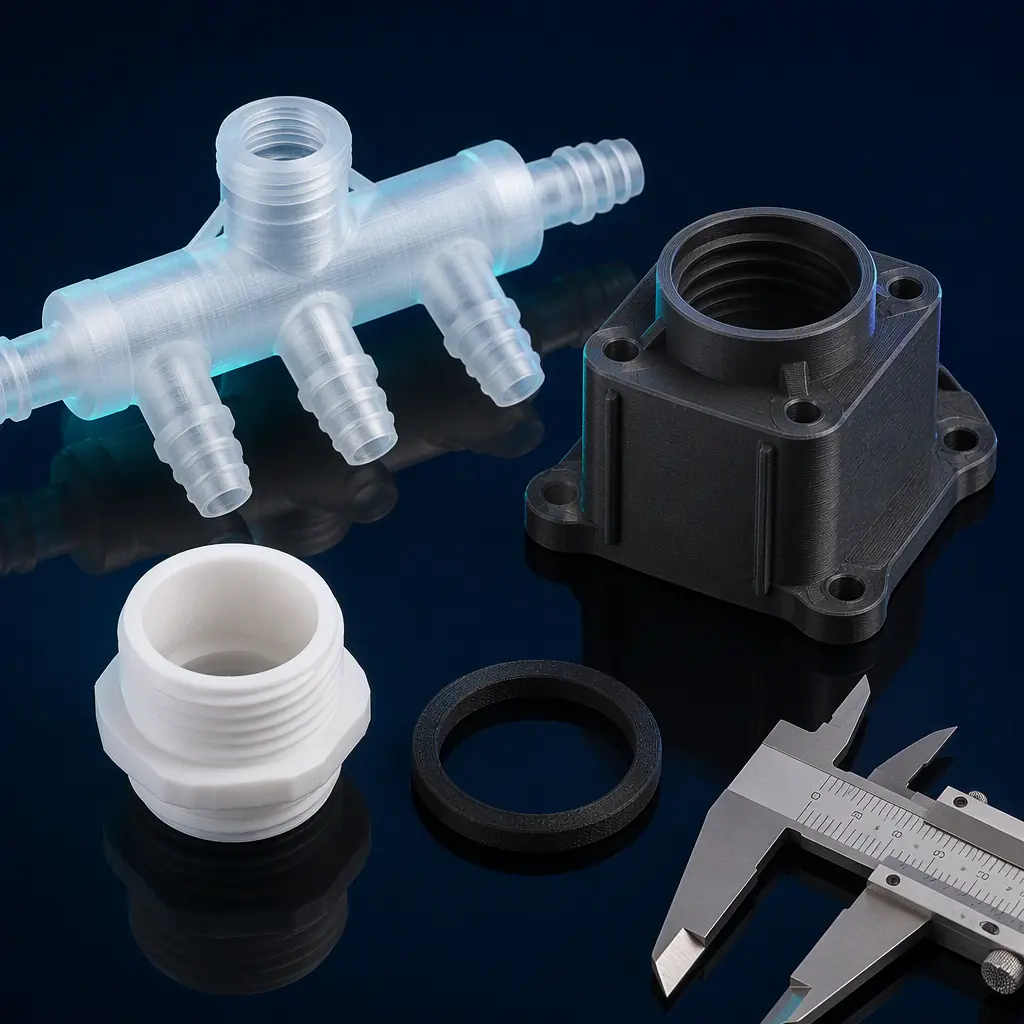 Array of printed agricultural parts on dark surface — PETG irrigation manifold with barbed connectors, ASA sensor housing with UV-resistant matte finish, PP chemical tank adapter, TPU flexible gasket, all with visible layer lines and functional threading, macro product photography style