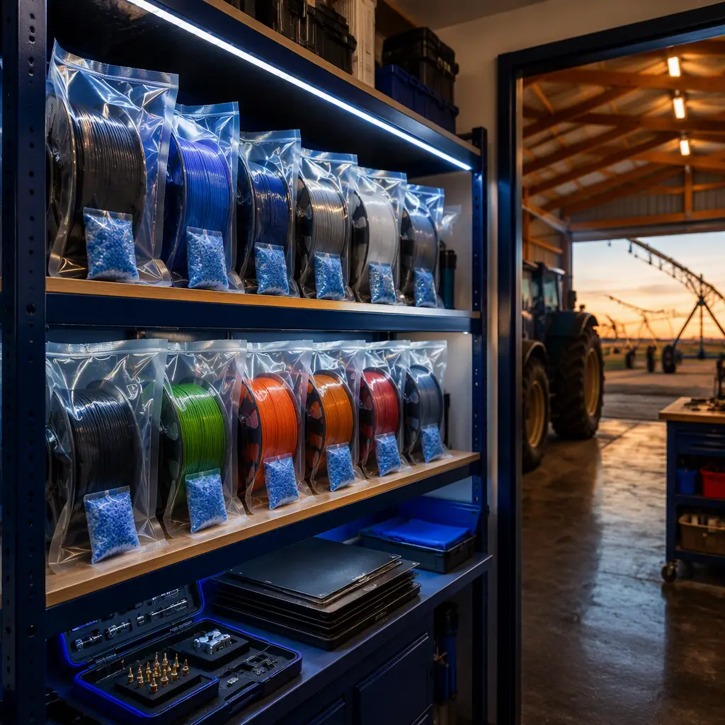Organized filament storage shelf in agricultural supply room, PETG and ASA spools in vacuum-sealed bags with desiccant packs, printer maintenance kit with nozzles and build plates, farm workshop background with tractor and irrigation equipment visible through doorway