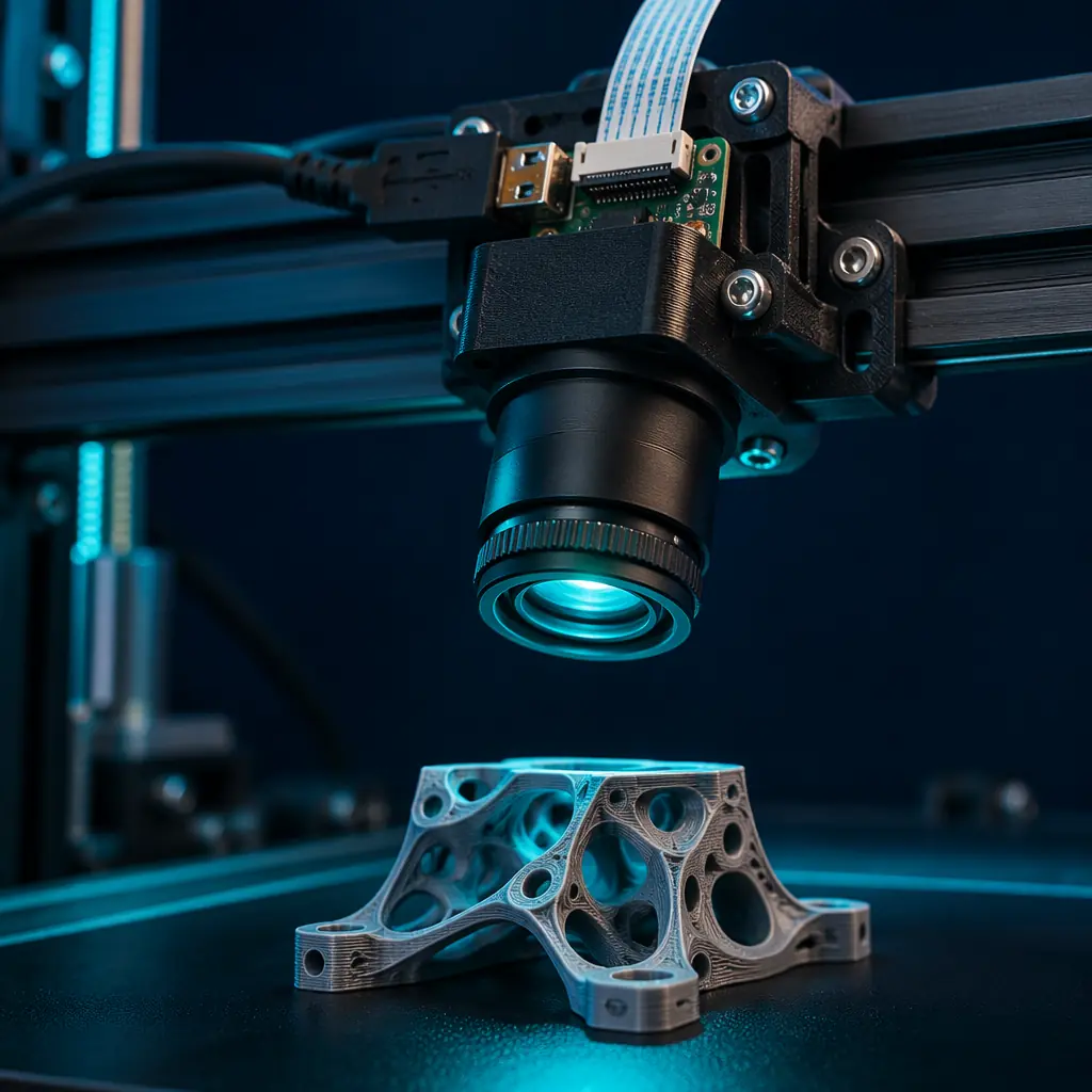 Close-up of a USB camera module mounted on adjustable arm attached to 3D printer frame, lens focused on the print nozzle during active printing, blue LED ring illumination, second enclosed 3D printer visible in background, deep navy workshop environment with electric blue accent glow on printer displays