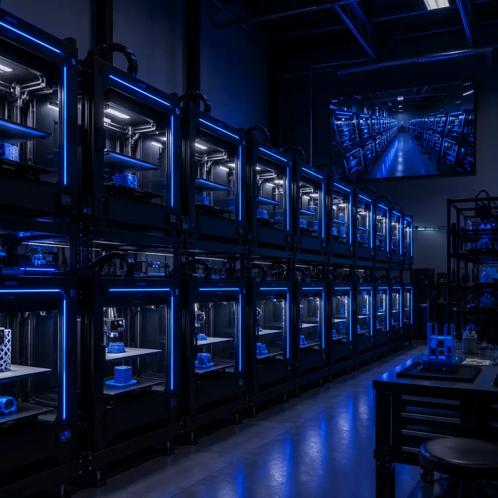 Wall-mounted large monitor displaying AI print monitoring dashboard with multiple live camera feeds arranged in grid, each feed showing different 3D printers mid-print with green status indicators, print farm environment with rows of enclosed printers visible, dark navy industrial workspace with electric blue LED accents on printer enclosures