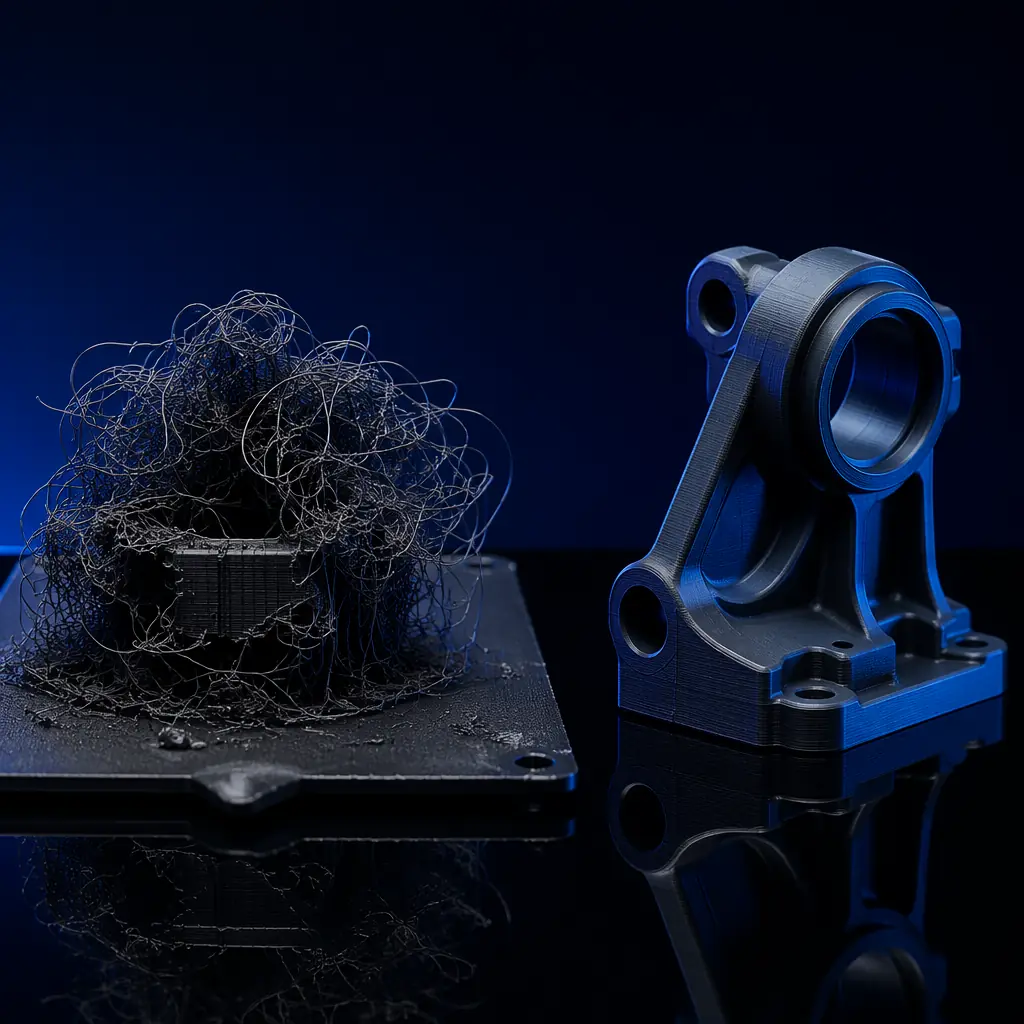 Side-by-side comparison on dark workshop surface: left side shows a 3D printer build plate with catastrophic spaghetti failure, tangled filament in chaotic mess; right side shows the same printer model producing a clean, successful print with sharp layer lines and smooth surface finish, blue LED status light indicating print in progress, deep navy background with electric blue accent on printer display