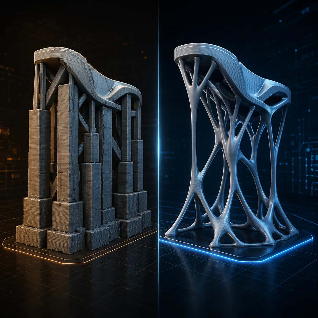 Side-by-side: traditional manual supports vs AI-generated organic tree supports
