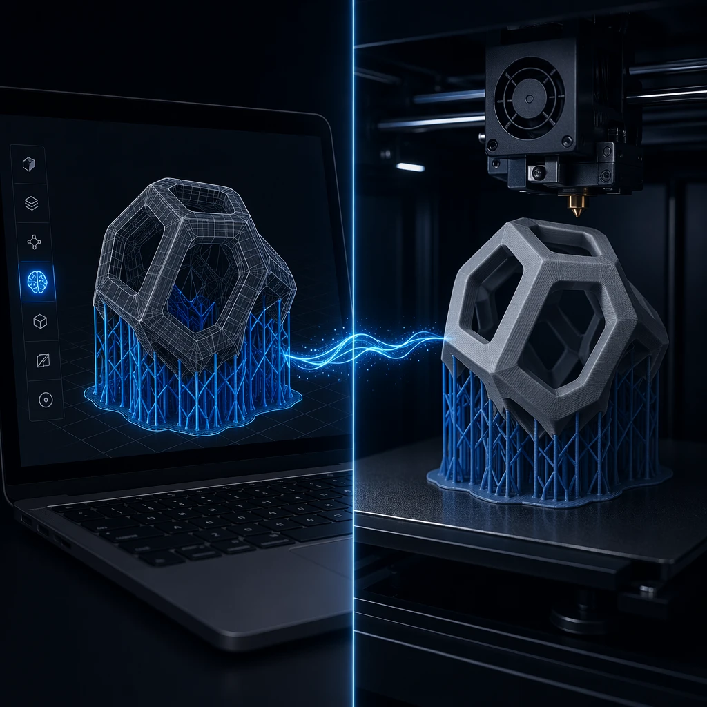 Split-screen: digital AI slicing on laptop vs physical printed result on 3D printer