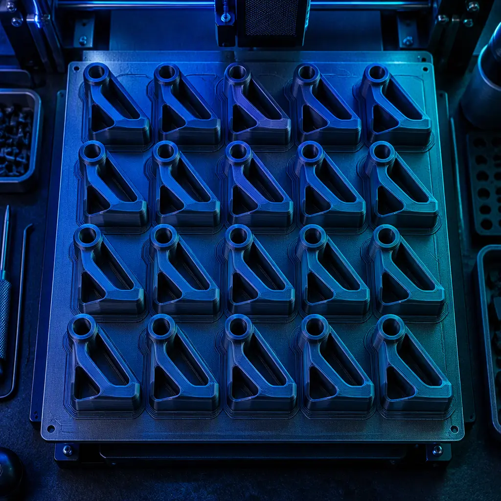 Row of identical enclosed 3D printers running in a production cell with finished parts in collection trays, dark navy industrial workspace with blue accent lighting