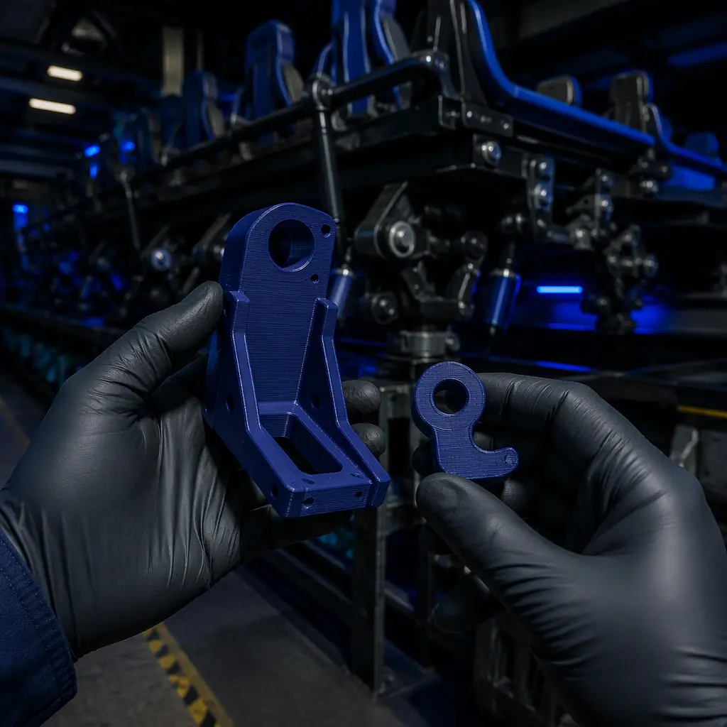 3D printed sensor bracket and limit-switch cam being inspected by a maintenance technician inside a dark ride service bay, ride mechanism visible, workshop lighting