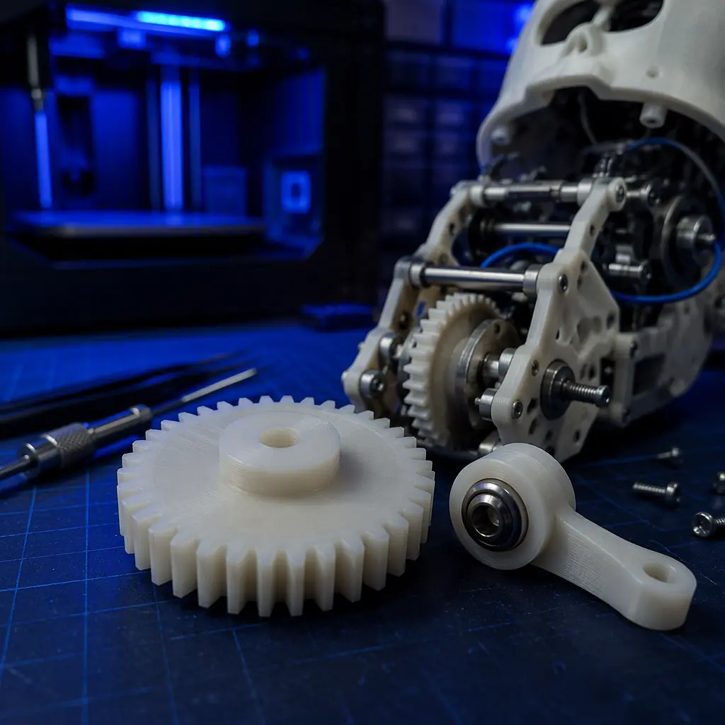 Close-up of a 3D printed nylon gear and cam follower for an animatronic figure on a workbench, small animatronic mechanism partially disassembled, maintenance shop setting
