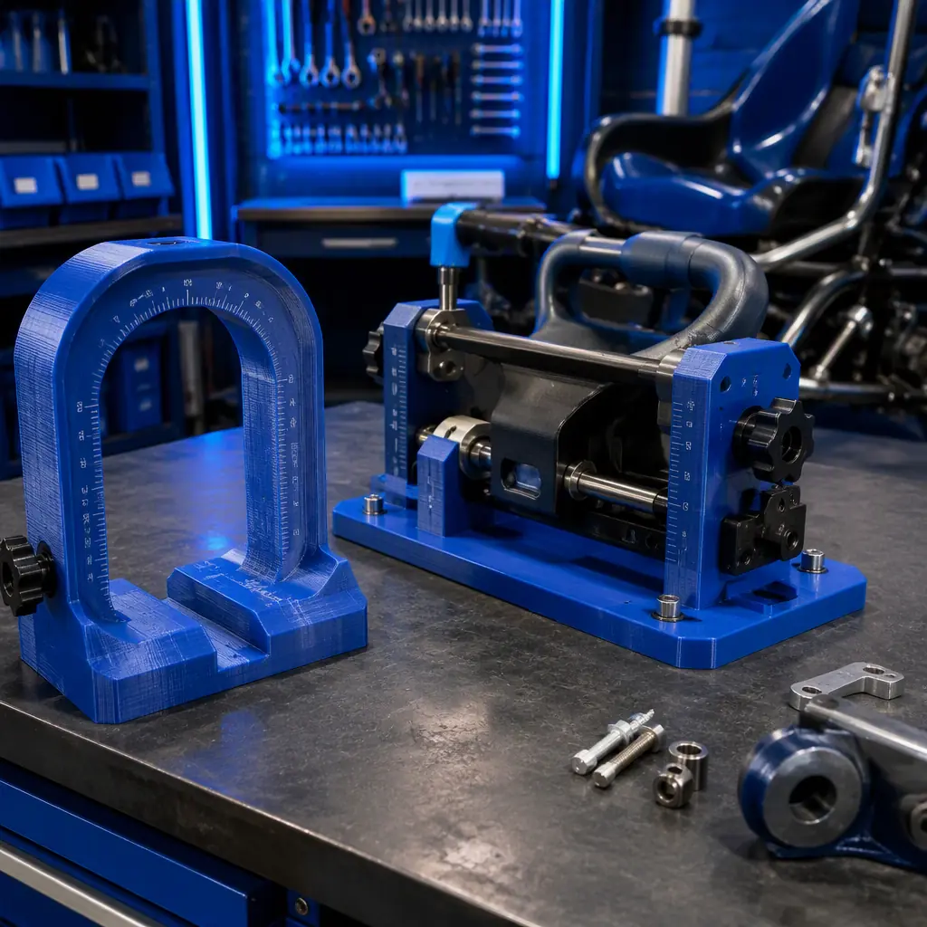 3D printed ride inspection gauge and restraint test fixture on a maintenance workbench in an amusement park workshop, printed parts with inspection labels, ride hardware nearby