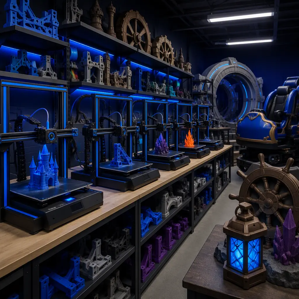 Row of 3D printers printing themed props and ride components in an amusement park fabrication shop, printed props and brackets on shelves, bright workshop lighting