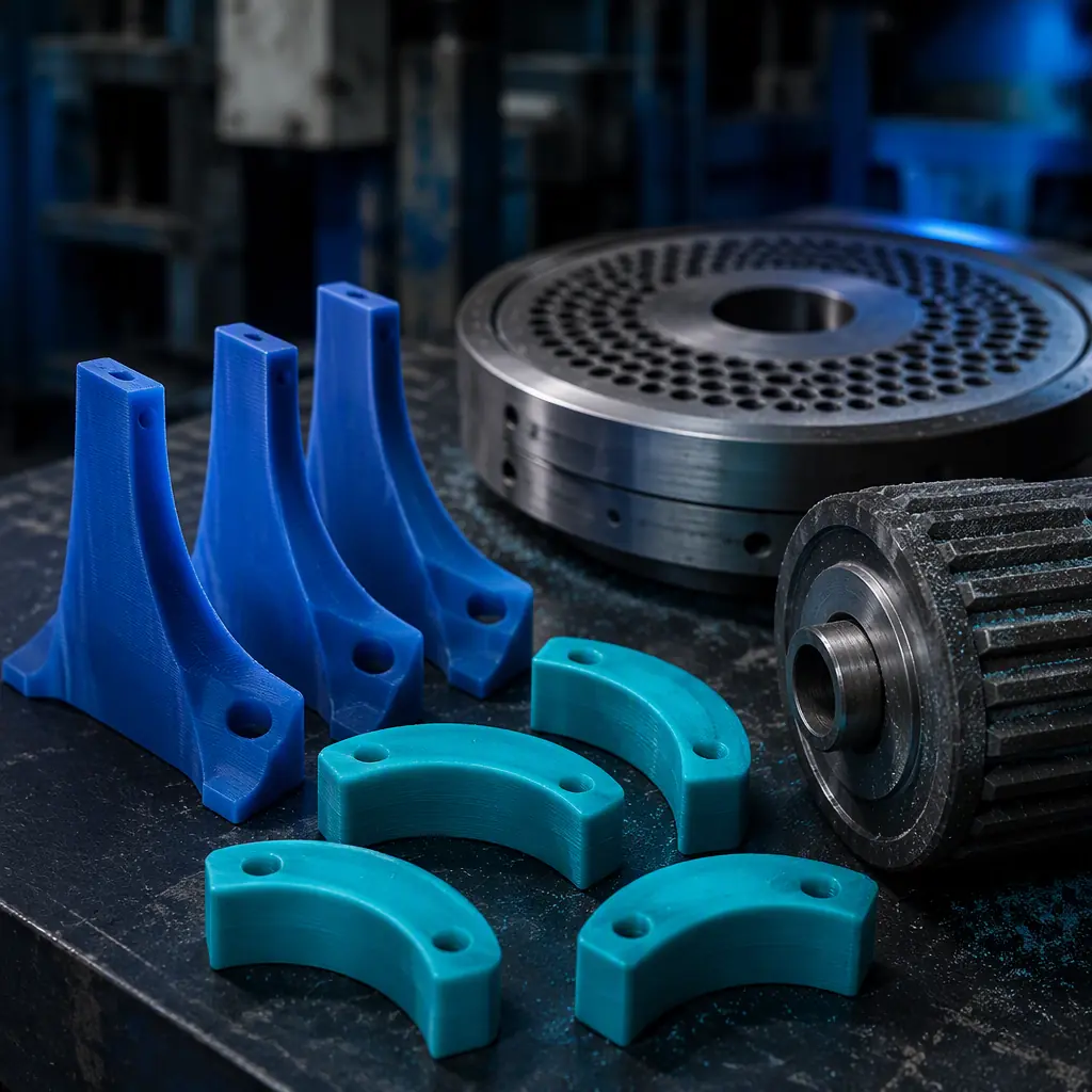 3D printed food-grade nylon pellet-mill conditioner paddle blades and die-corner guards on a dark technical workbench beside a steel pellet mill die and roller, dusty feed-mill interior depth-of-field in soft focus, deep navy ambient with electric blue accent lighting, no text