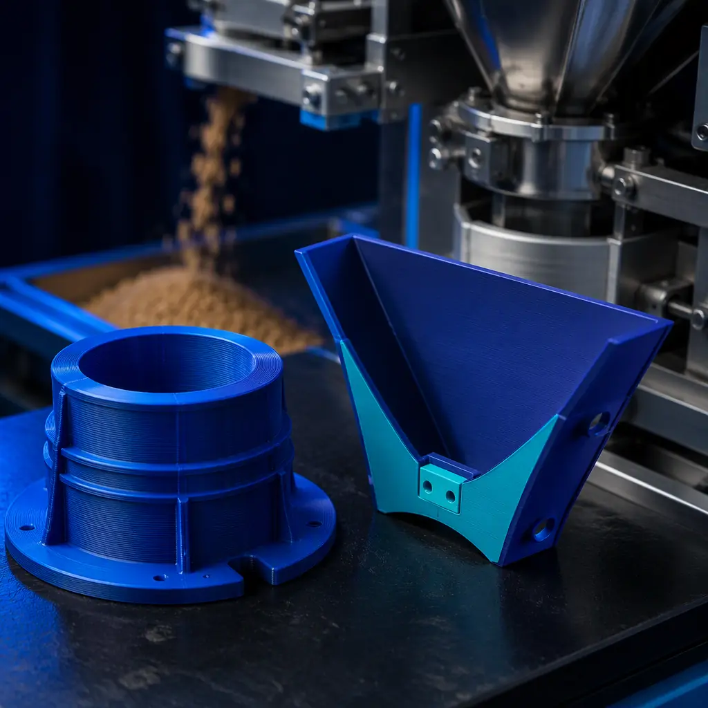 Close-up of 3D printed bagging-spout insert and weigh-hopper deflector arranged on a dark maintenance bench beside a steel pellet packer, feed dust softly blurred in the background, industrial lighting with electric blue accent, no text