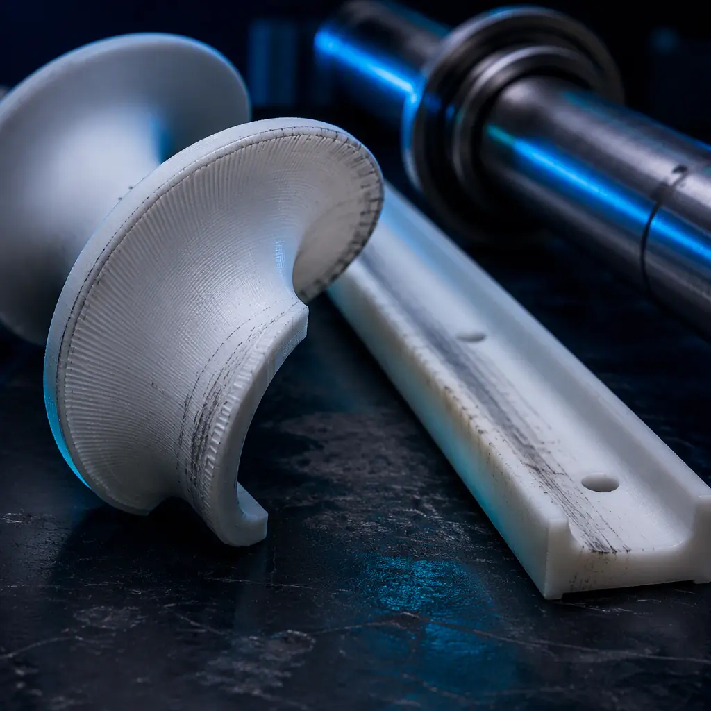 Macro close-up of a 3D printed rigid-TPU screw conveyor flight segment and a filled-nylon trough wear strip beside a steel conveyor shaft on a dark maintenance bench, subtle abrasive wear pattern visible, industrial lighting with electric blue accent, no text