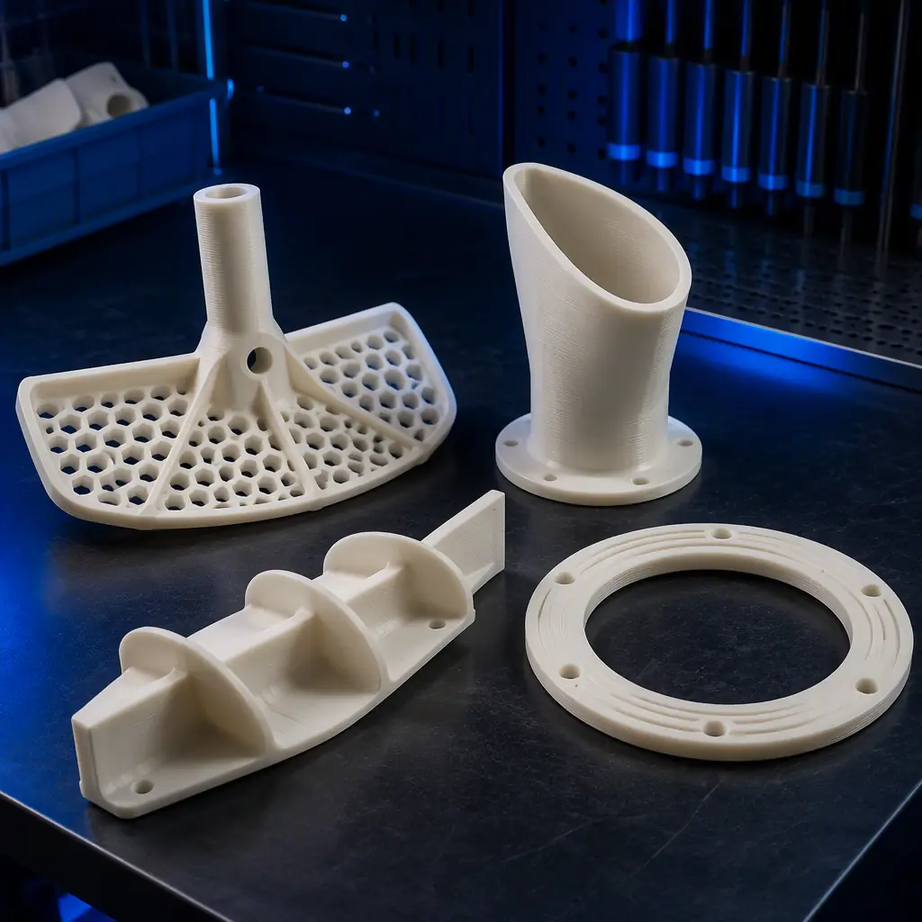 Array of 3D printed feed-mill spares on a dark maintenance bench: pellet-mill conditioner paddle, bagging-spout insert, conveyor flight segment, filter-housing gasket, cast in food-grade natural polymer with a subtle teal brand-free accent, deep navy background, precision engineering lighting, no text