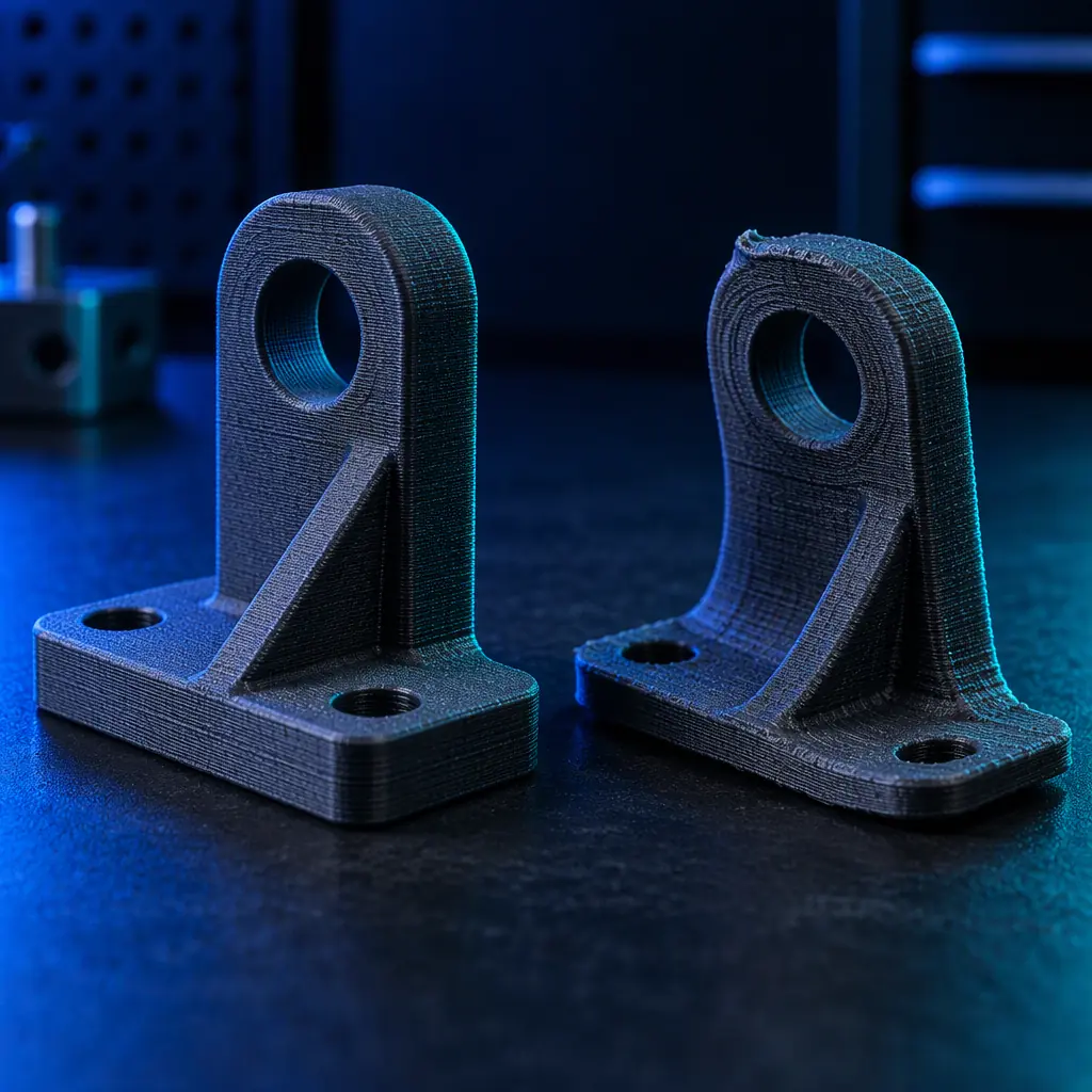 Macro photo of a 3D printed nylon bracket next to a warped version of the same bracket on a dark matte surface, dramatic side lighting