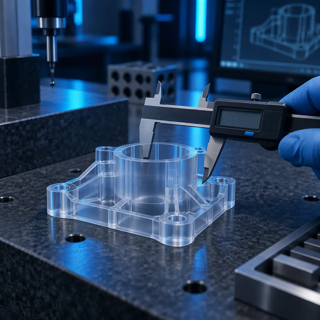 Printed polycarbonate part being measured with digital calipers on a granite surface plate in a metrology lab, cool blue light