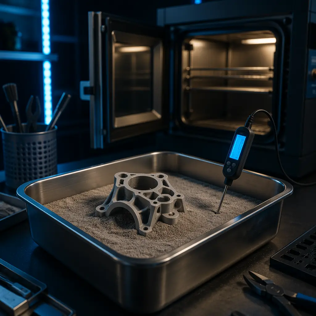 3D printed engineering part nested in fine sand inside stainless steel container, digital thermometer probe inserted, laboratory oven interior visible with LED display, professional workshop setting