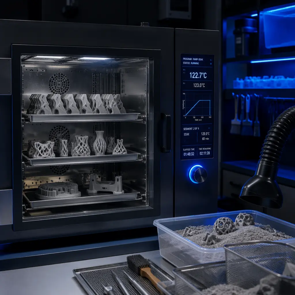 Professional programmable lab oven with digital PID controller, multiple 3D printed parts arranged on stainless steel trays, technician loading parts, organized post-processing workstation with sand bed containers nearby