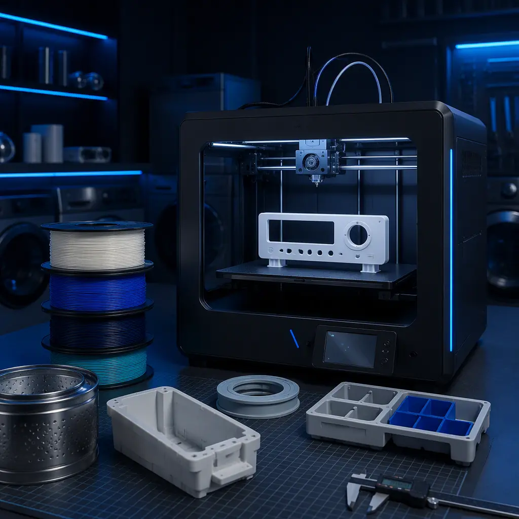3D printer in an appliance R&D lab printing a white control panel housing prototype, ABS spools in brand colors beside the machine, appliance component samples and calipers on the workbench, clean lab lighting