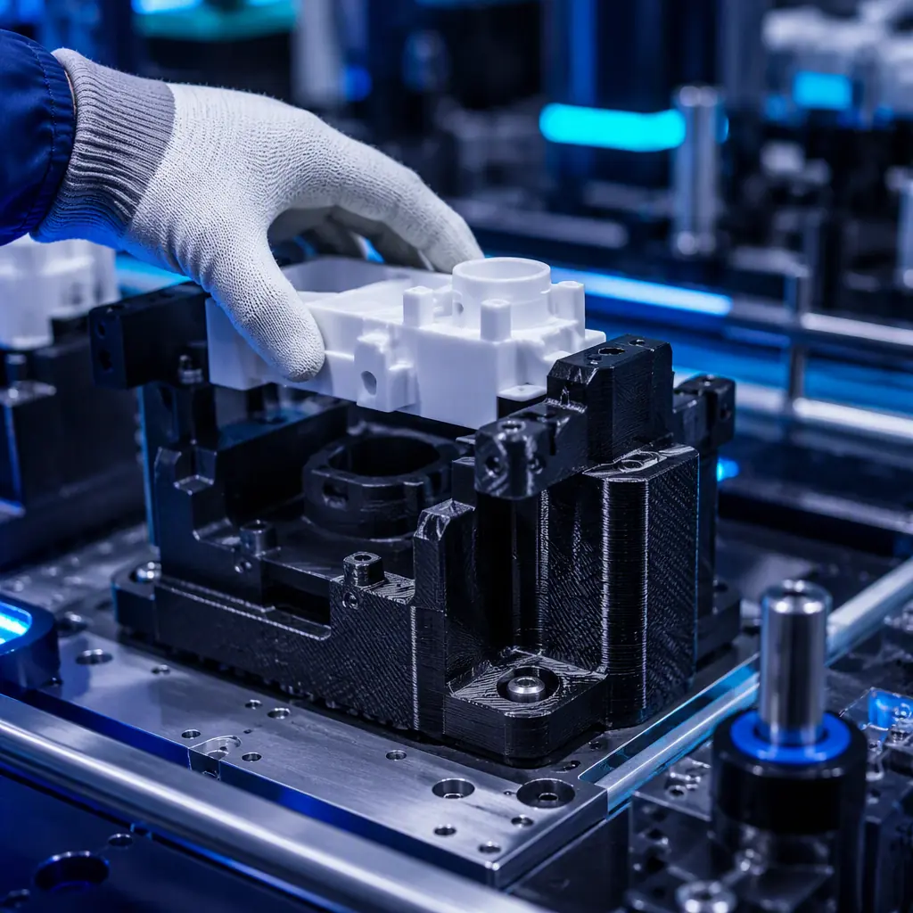 Assembly line jig and fixture 3D printed in PA-CF on an appliance factory line, technician's gloved hand positioning a component into the printed fixture, industrial factory lighting
