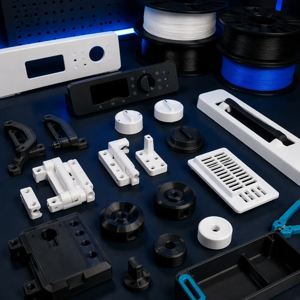 Flat lay of 3D printed appliance service parts on a workbench: control panel covers, knobs, hinges, and feet in white and black ABS, flame-retardant filament spools with certification labels in the background