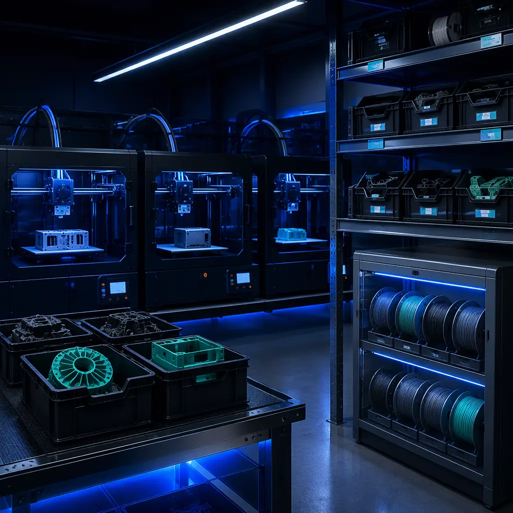 Appliance factory print cell with multiple enclosed 3D printers running overnight service part batches, printed ABS parts in labeled bins on shelves, flame-retardant filament spools in dry boxes, factory lighting