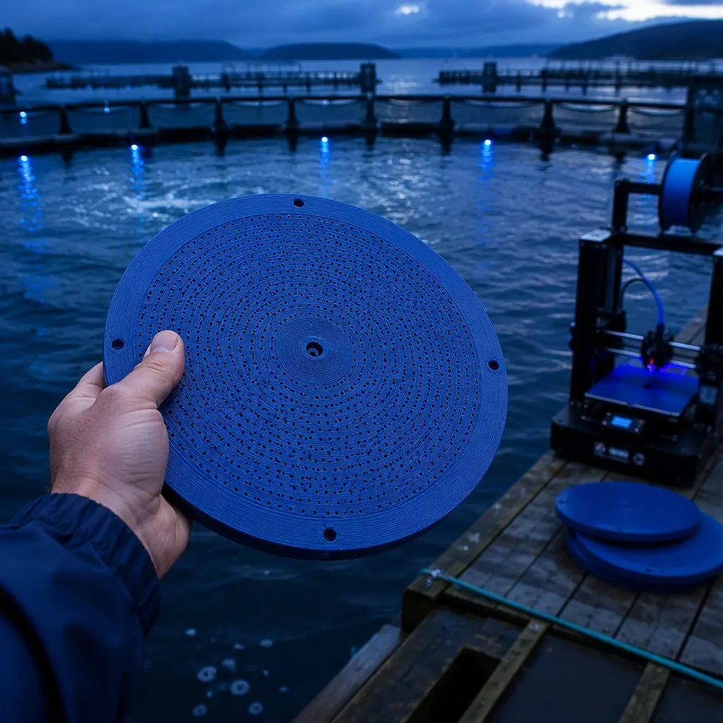 3D printed aeration diffuser plate being installed in a fish farm pond, polypropylene part in hand above the water surface, aquaculture facility in background
