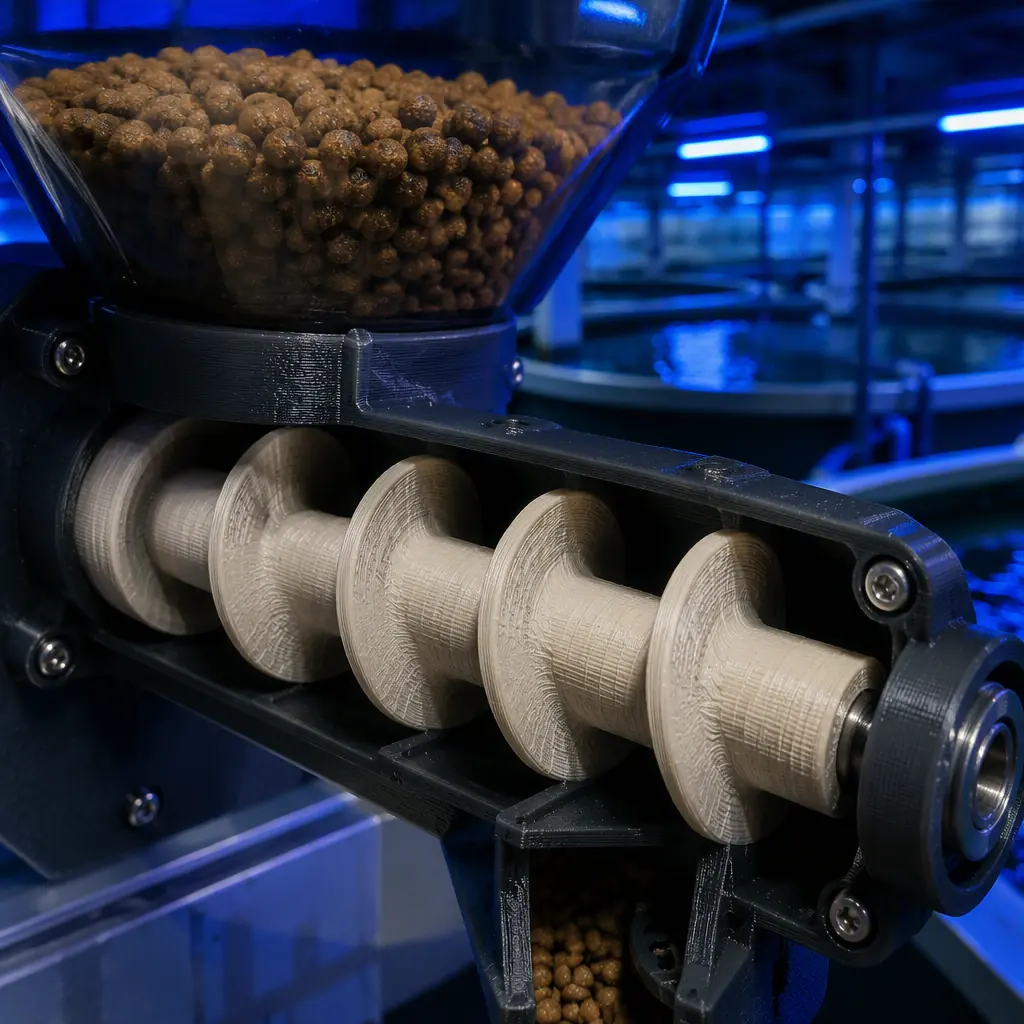 Close-up of a 3D printed nylon auger flight inside an automatic fish feeder, feed pellets visible, aquaculture tank farm in the background