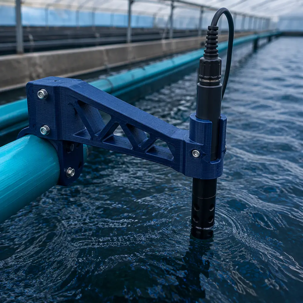 3D printed dissolved oxygen sensor mount bracket attached to a floating arm in a fish farm raceway, sensor probe secured, water flowing