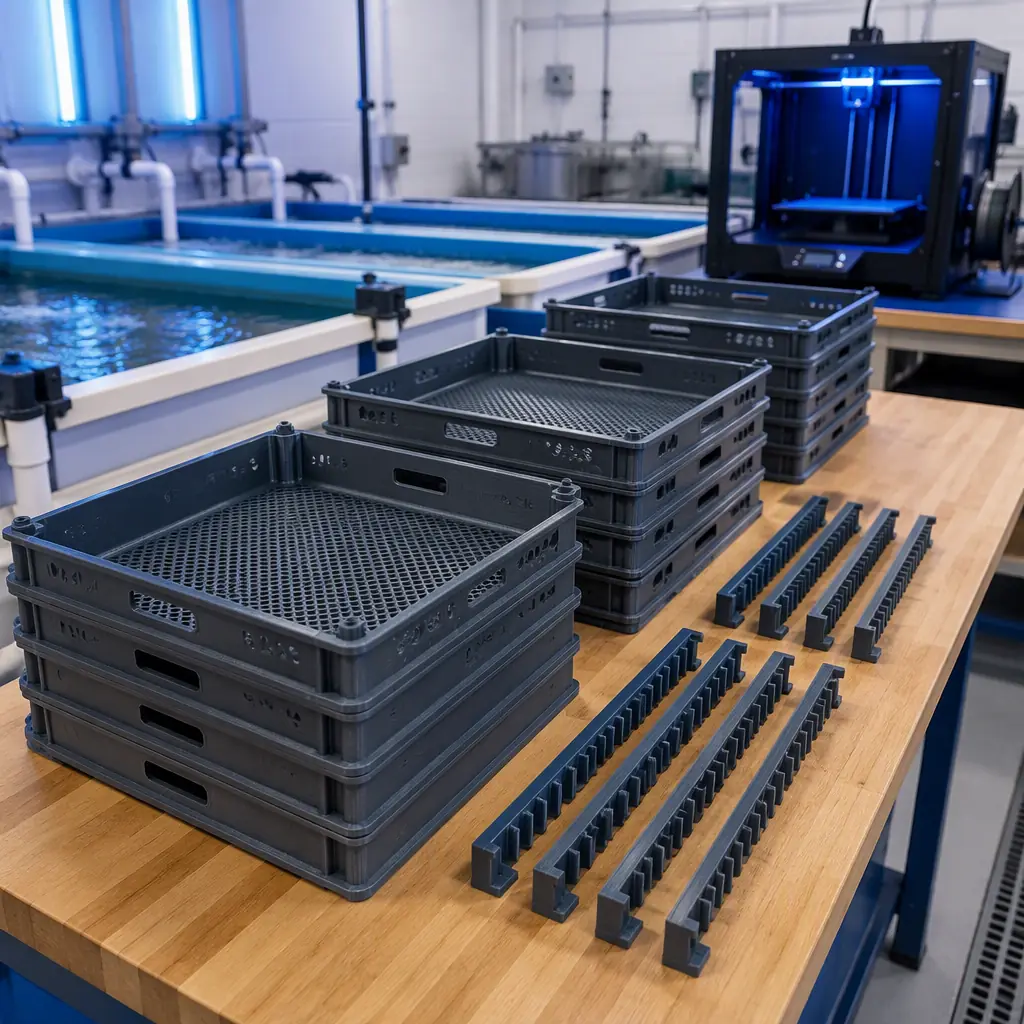 Row of 3D printed hatchery incubation trays and grading bars in a fish hatchery, printed parts stacked on a workbench beside rearing tanks, bright facility lighting