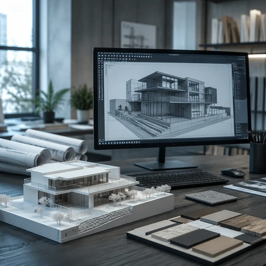 Close-up macro shot of a 3D printed architectural facade section with detailed window frames and balcony railings, fine layer lines barely visible, matte white PLA, embedded in a larger model context, professional studio lighting