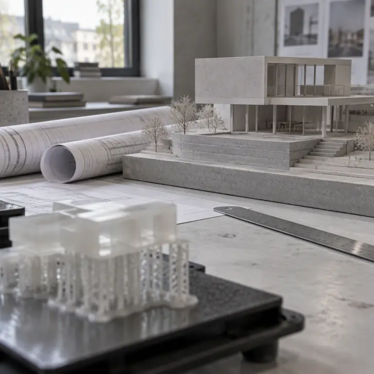 Photograph of an architectural working model on a studio table beside rolled drawings and a scale ruler, with a resin model partially removed from a printer build platform in the foreground