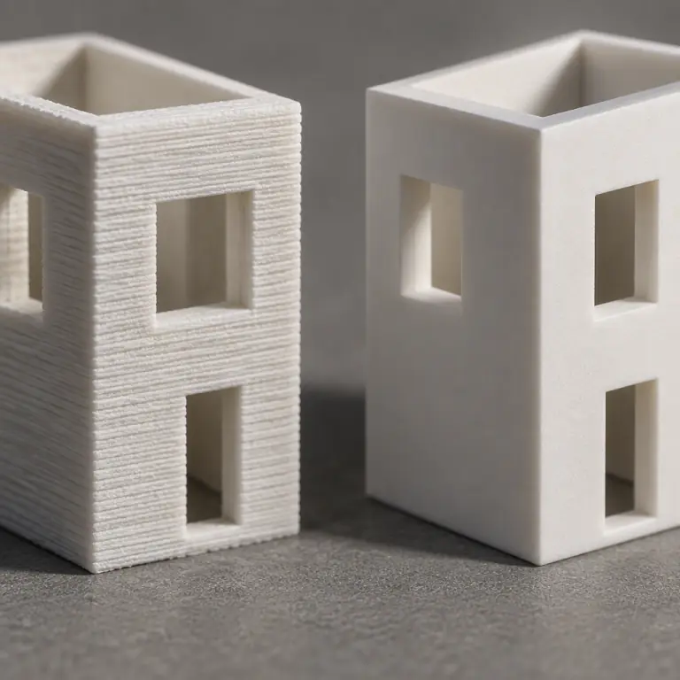 Macro photograph of two architectural model fragments side by side on a grey studio surface, one with visible print layer lines and one with a smooth primed finish showing crisp window mullions