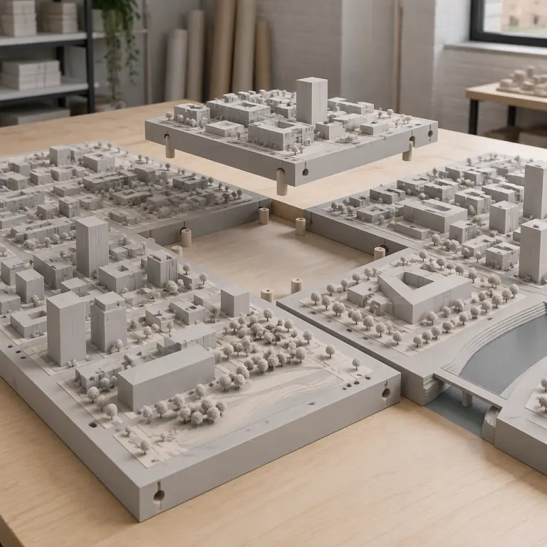 Photograph of a large architectural site model assembled from a grid of interlocking printed sections on a studio table, with visible alignment keys and one section lifted clear to show the locating pegs