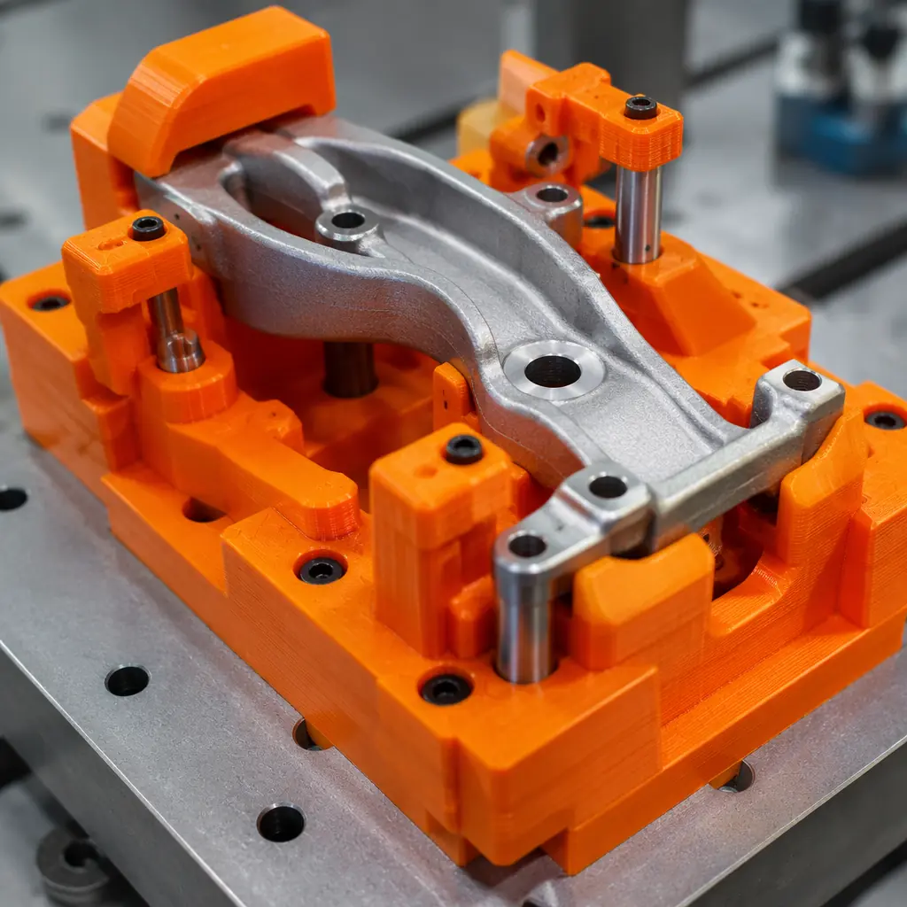 3D-printed orange assembly jig holding a metal automotive component on a clean workbench, industrial factory environment with assembly line in background